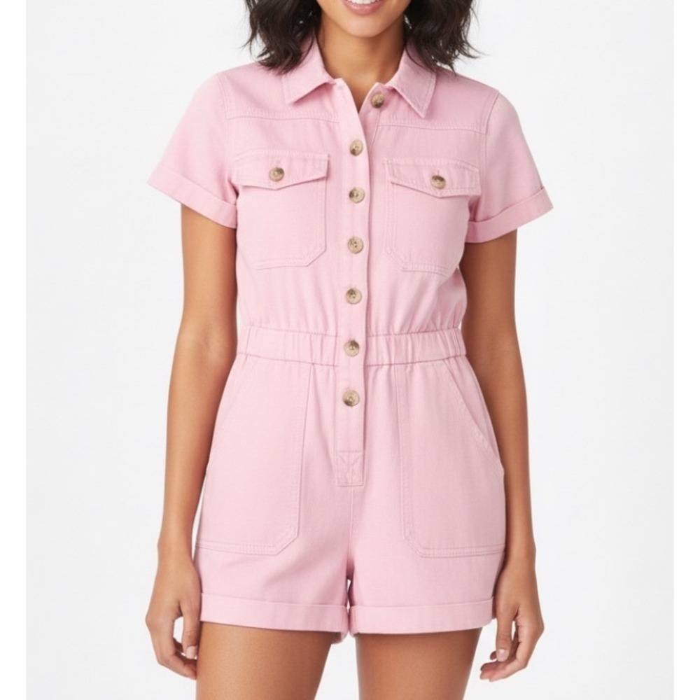 SHOW ME YOUR MUMU Cannon Romper Shorts BUBBLEGUM PINK DENIM Distressed Pockets S